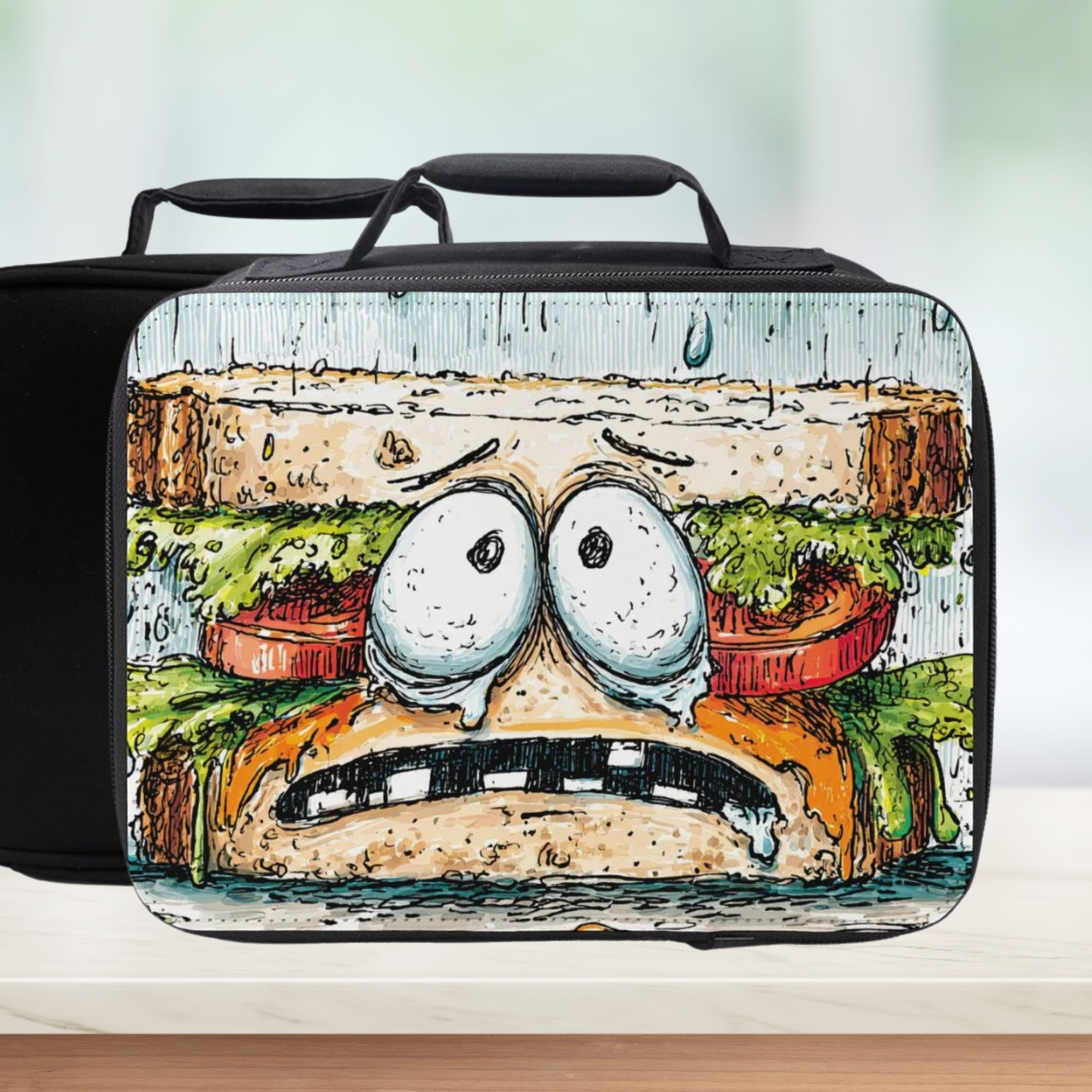 Lunch bag with a sandwich design featuring eyes and a mouth on a wooden surface.