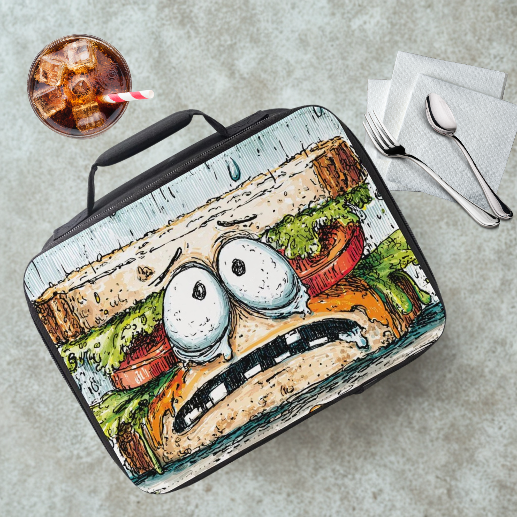 Lunch bag with a sandwich design on a cafeteria table with a drink and utensils.