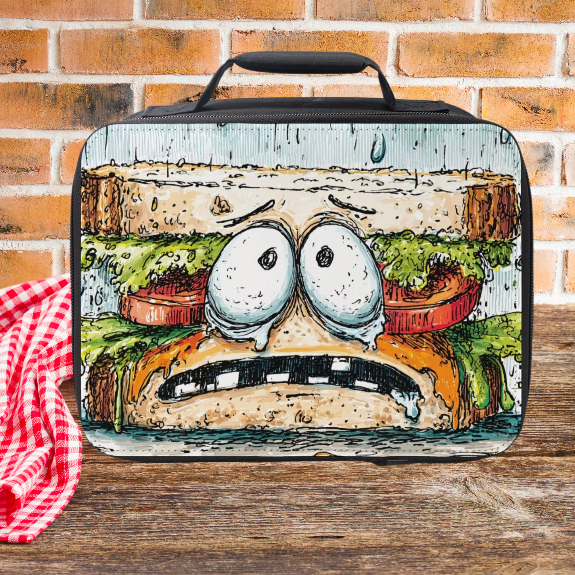 Lunch bag with a cartoon sandwich design on a wooden picnic table and brick wall background