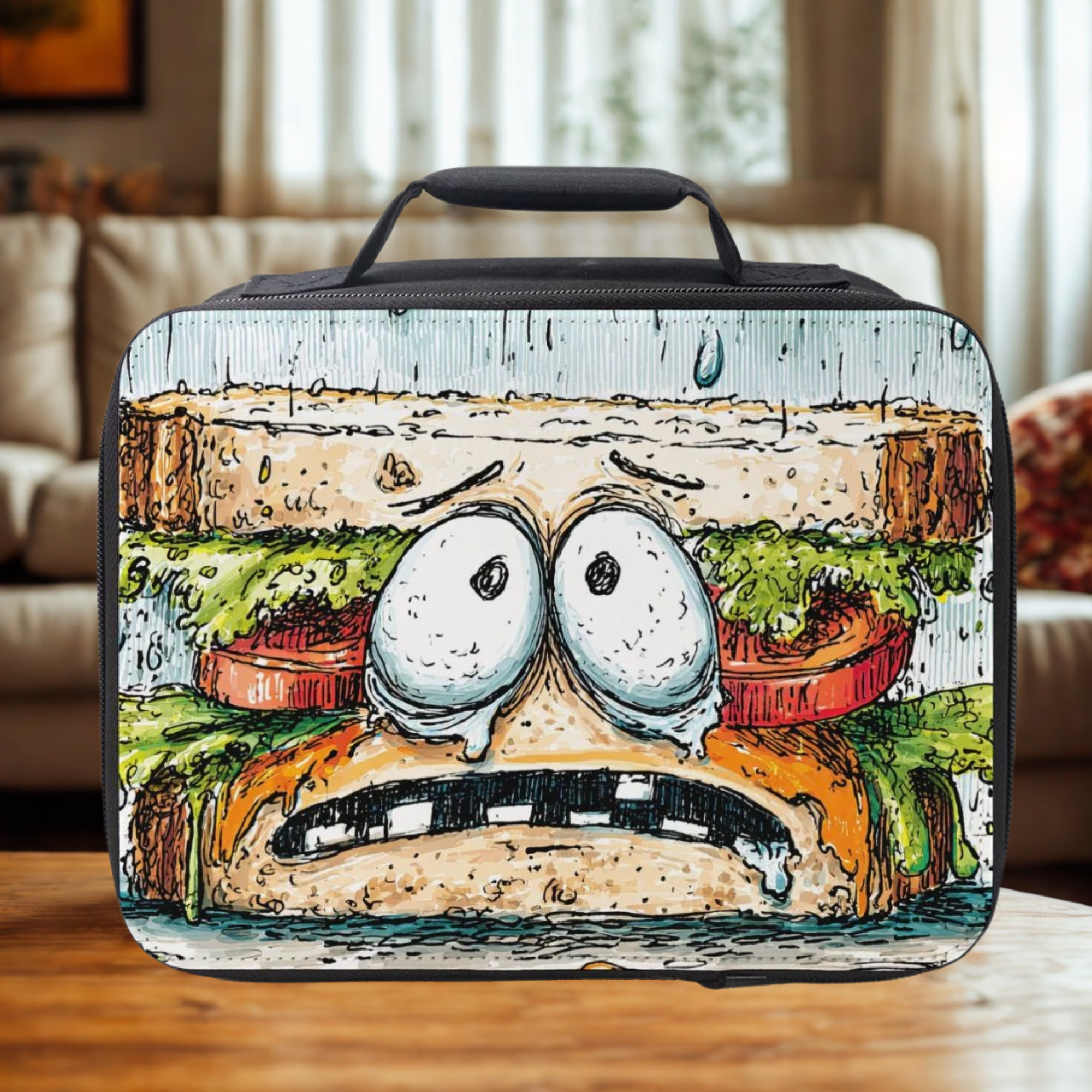 Lunch bag with a cartoon sandwich design on a wooden coffee table in a living room.