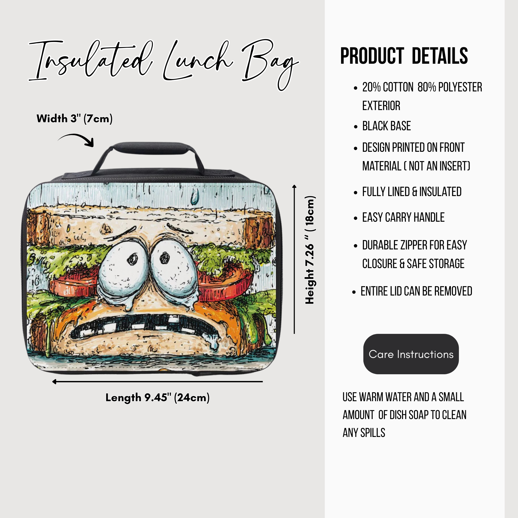 Insulated lunch bag with cartoon sandwich design and product details on a white background