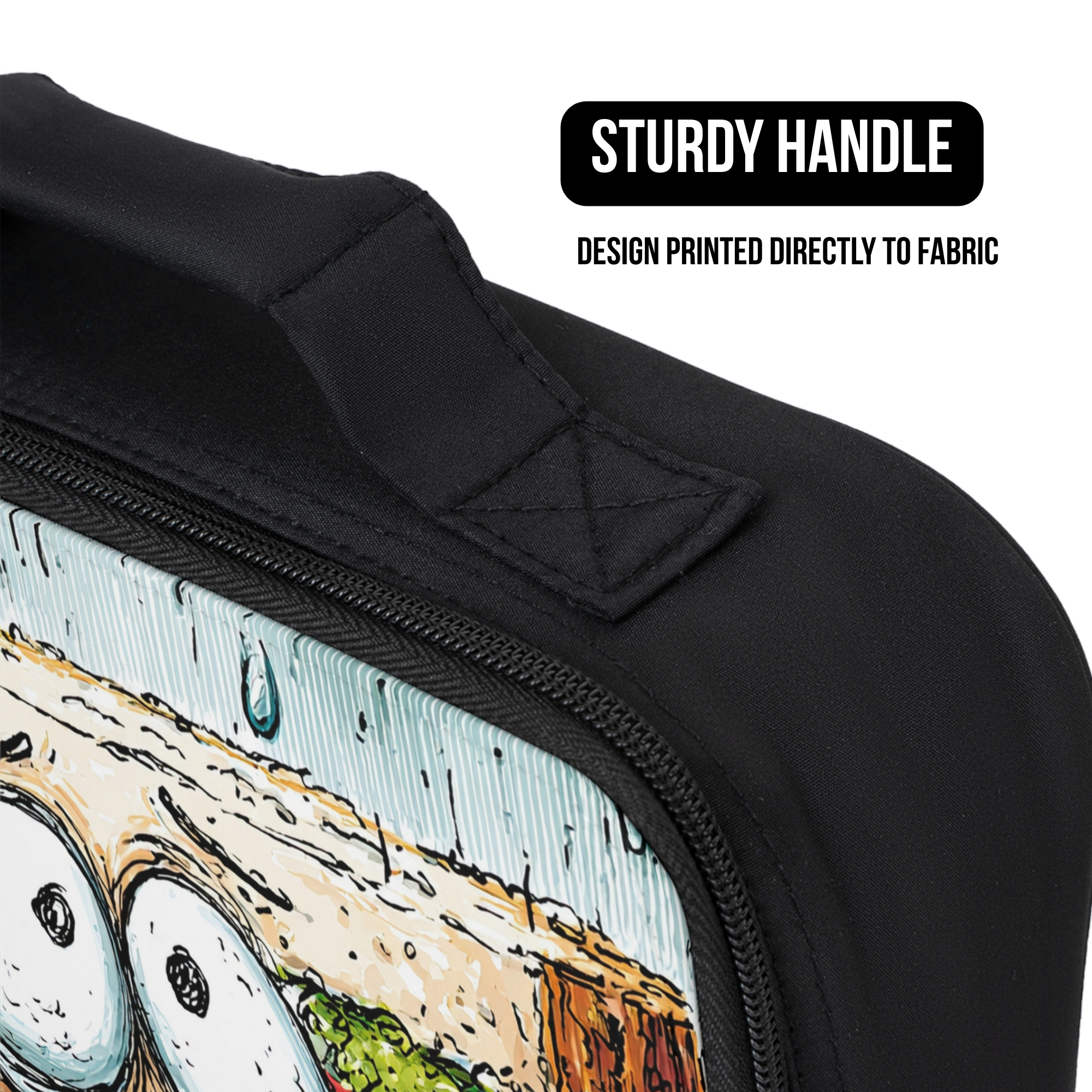 Black bag with a design printed directly to fabric, featuring a sturdy handle.