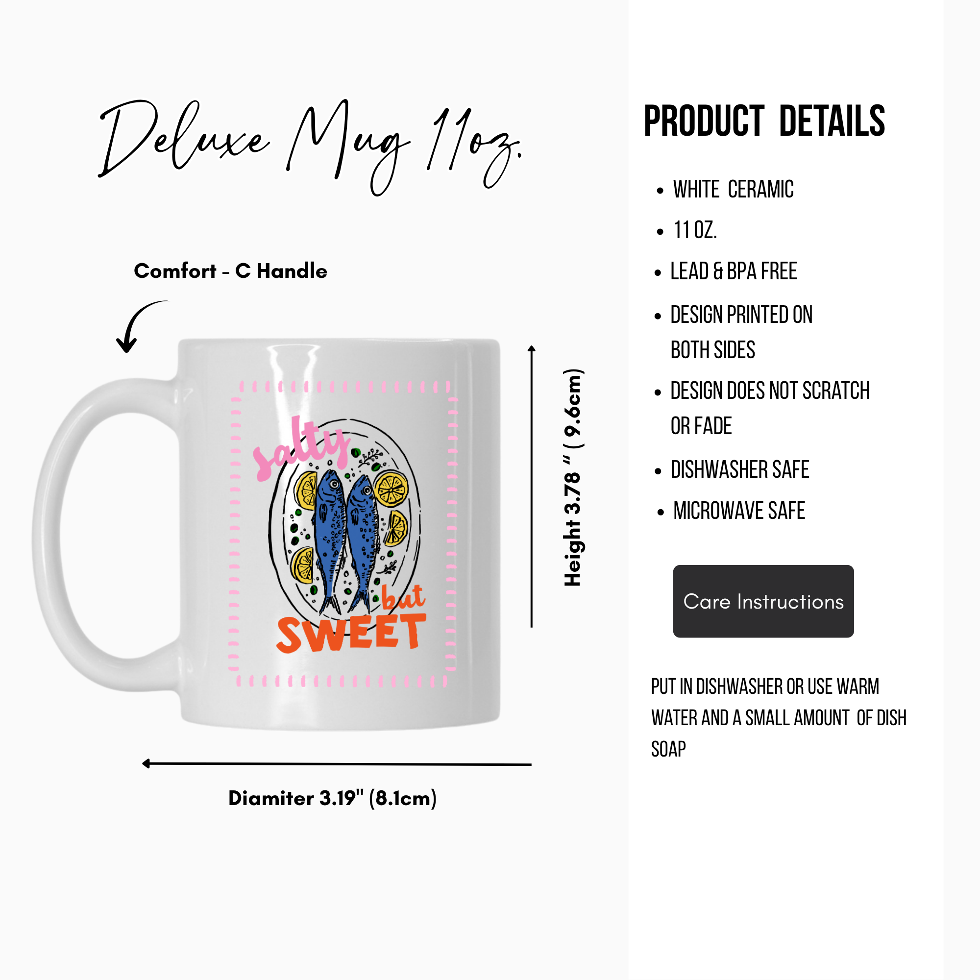 White 11oz. ceramic mug with colorful sardine fish design and text, featuring product details on a white background.