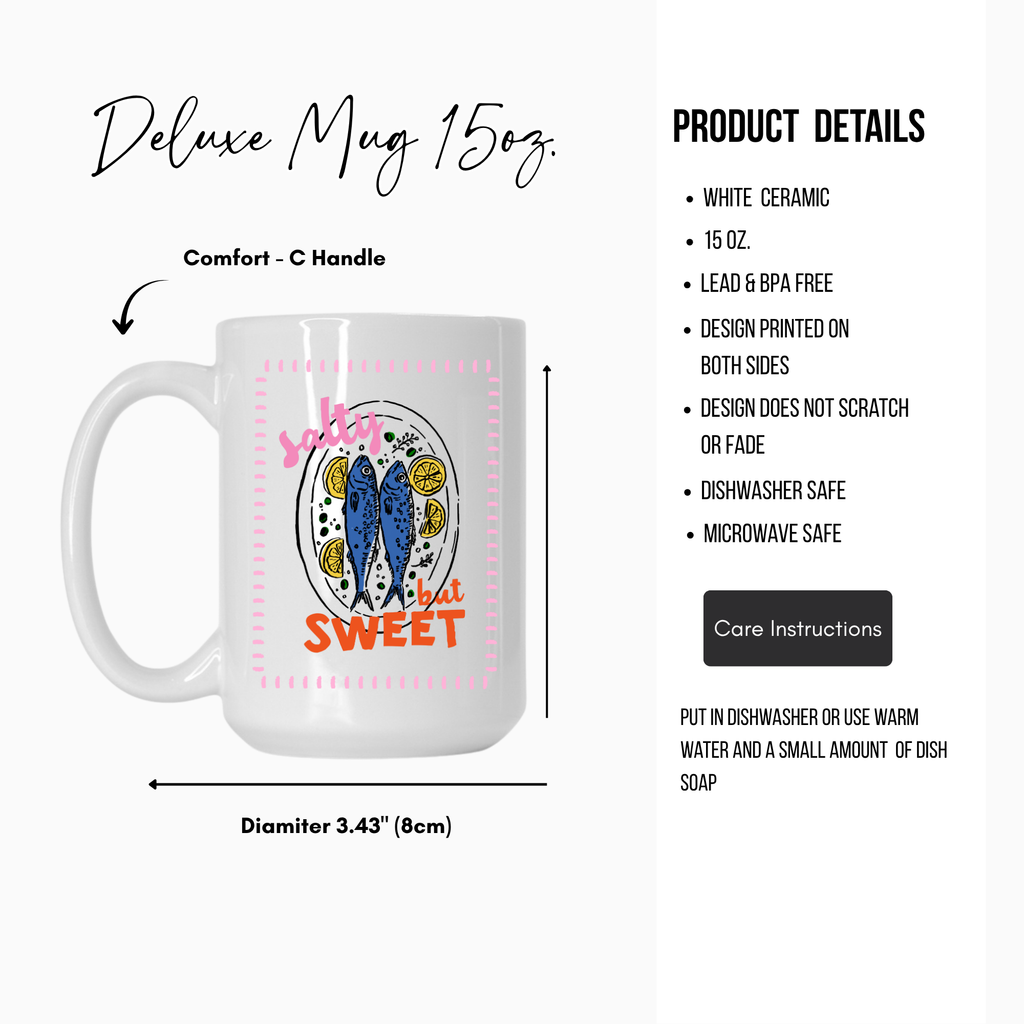 White 15oz. ceramic mug with sardine fish design and text 'salty but sweet', featuring product details on a white background.