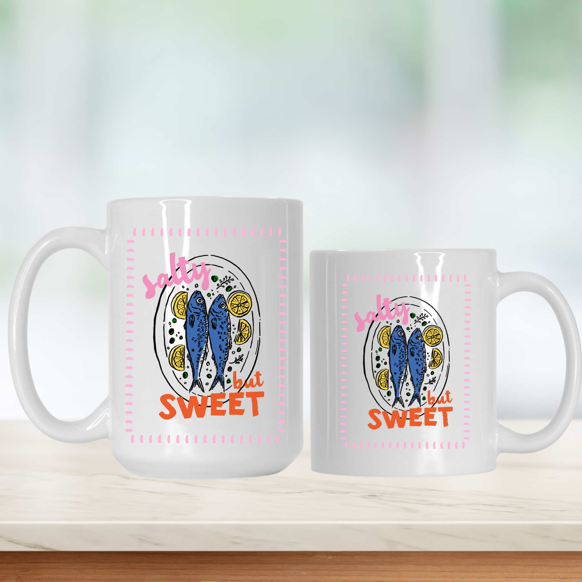15oz. and 11oz.  white mugs with decorative summer sardine designs and text on a light background