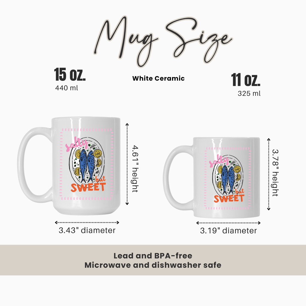 15oz & 11oz. mug size comparison chart with two mugs and measurements on a white background.