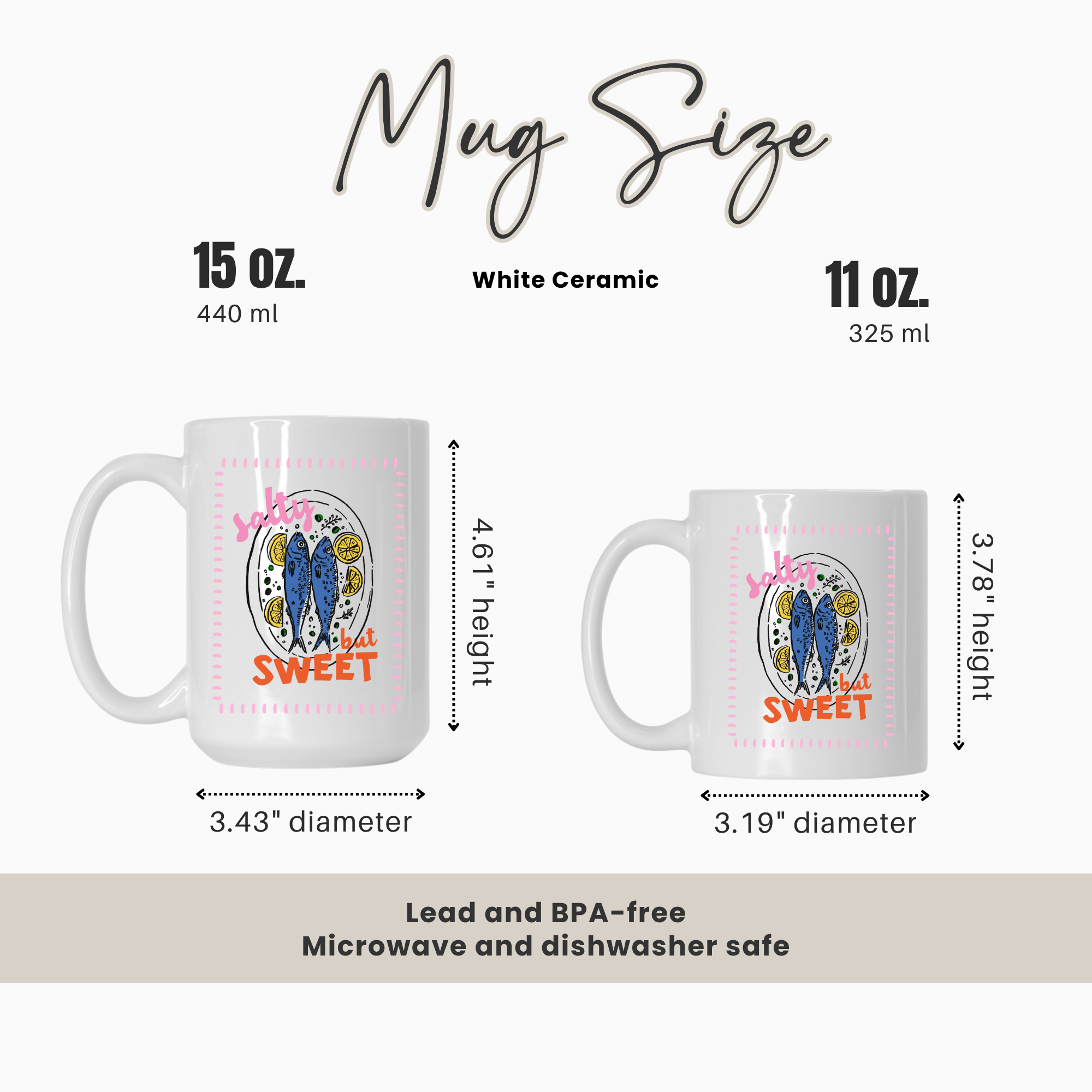 15oz & 11oz. mug size comparison chart with two mugs and measurements on a white background.