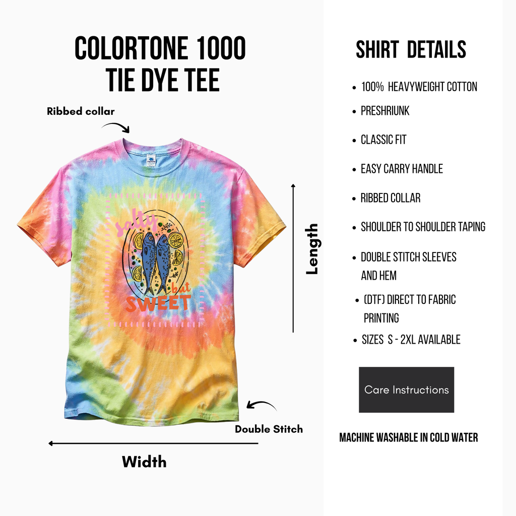 Tie-dye t-shirt with brand information and shirt details on a white background