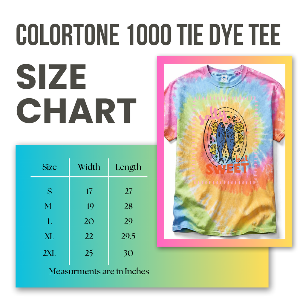 Coloritone 1000 tie dye tee size chart with a colorful t-shirt design.