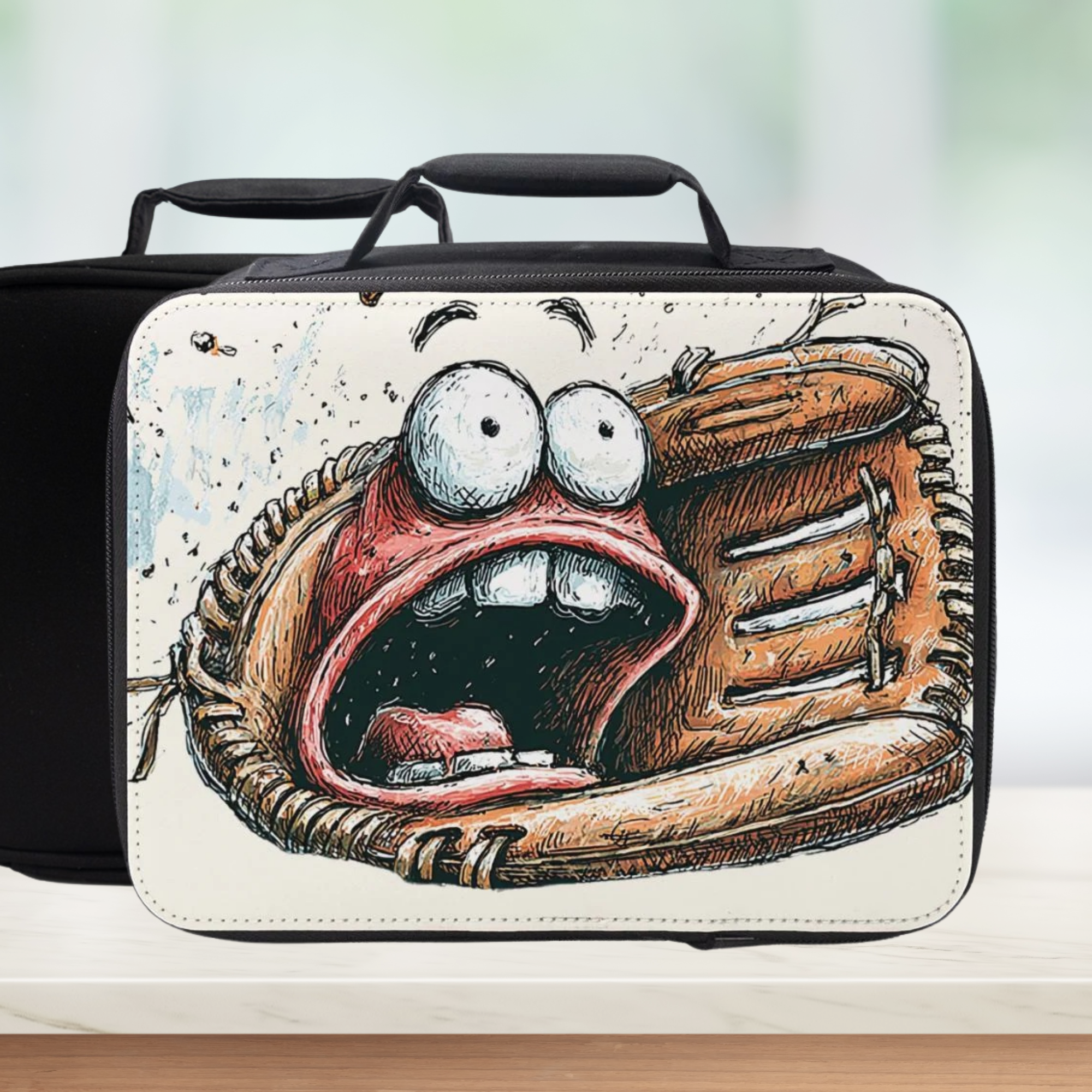  lunch bag with cartoon design of a wide mouth inside a baseball glove