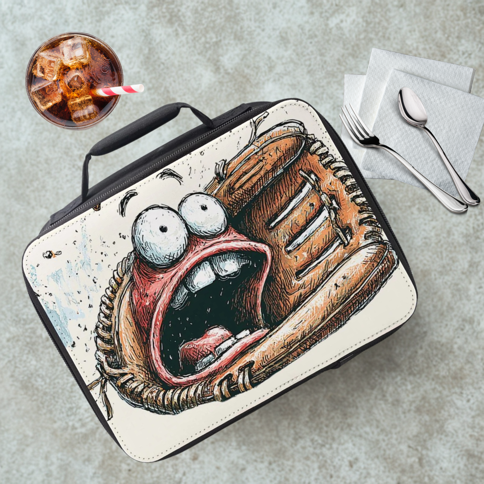Lunch bag with a cartoonish design of a face in a baseball glove on a cafeteria table with a drink and utensils