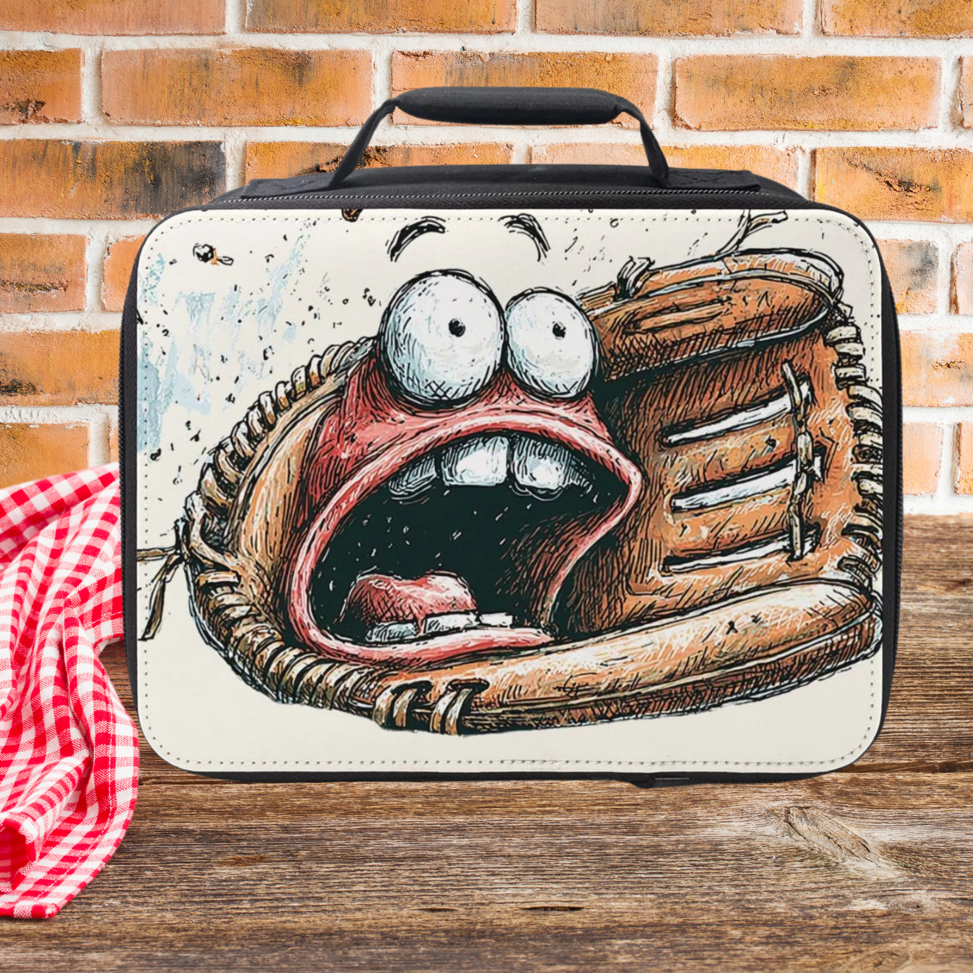 Lunch bag with a cartoon glove design on a wooden picnic table against a brick wall background