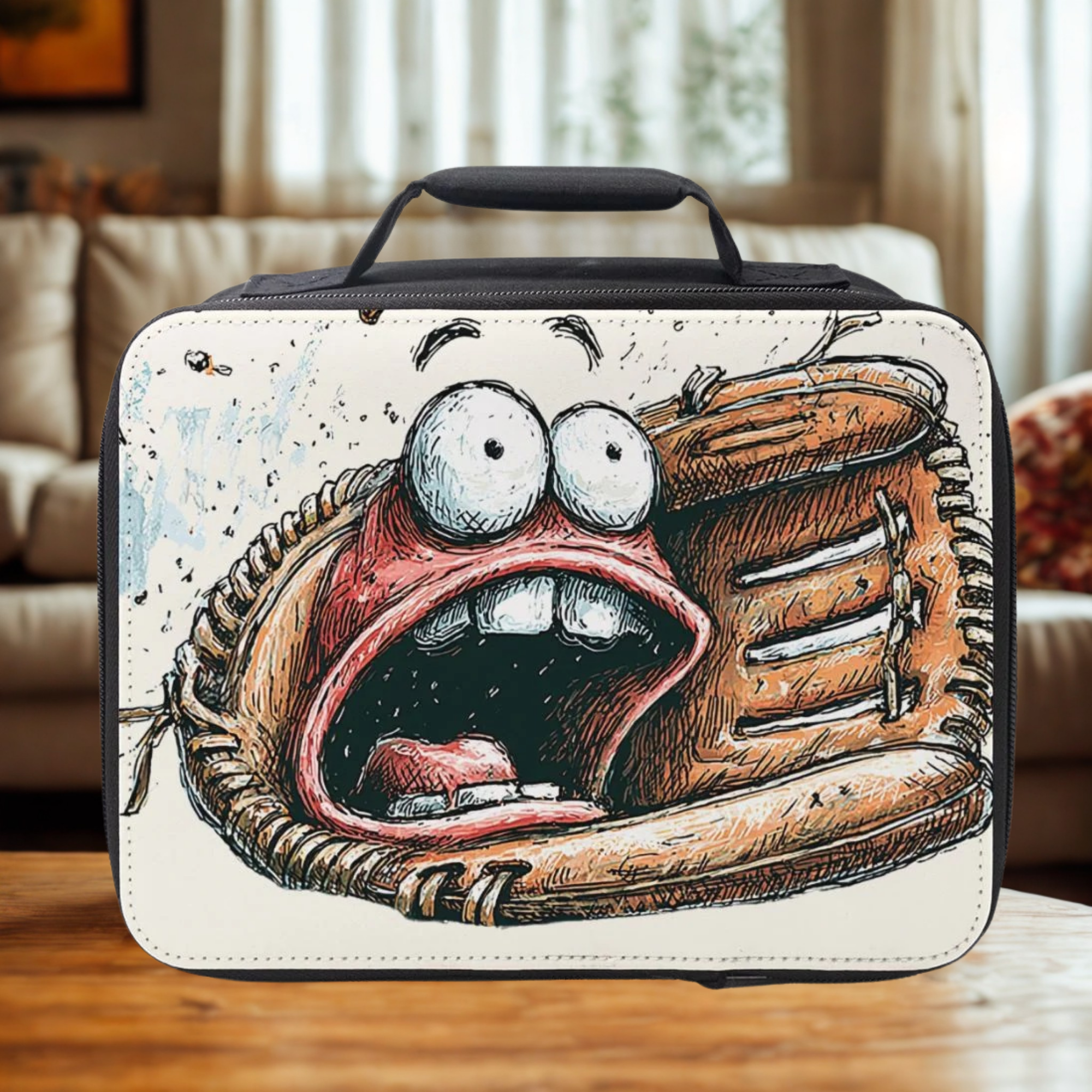  lunch bag with cartoon design of a baseball glove and face on a wooden coffee table in a cozy living room