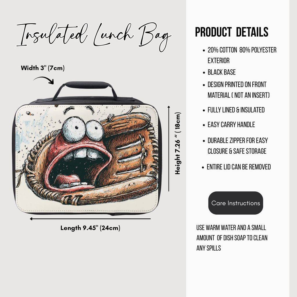 Insulated lunch bag with cartoon design and product details on a white background