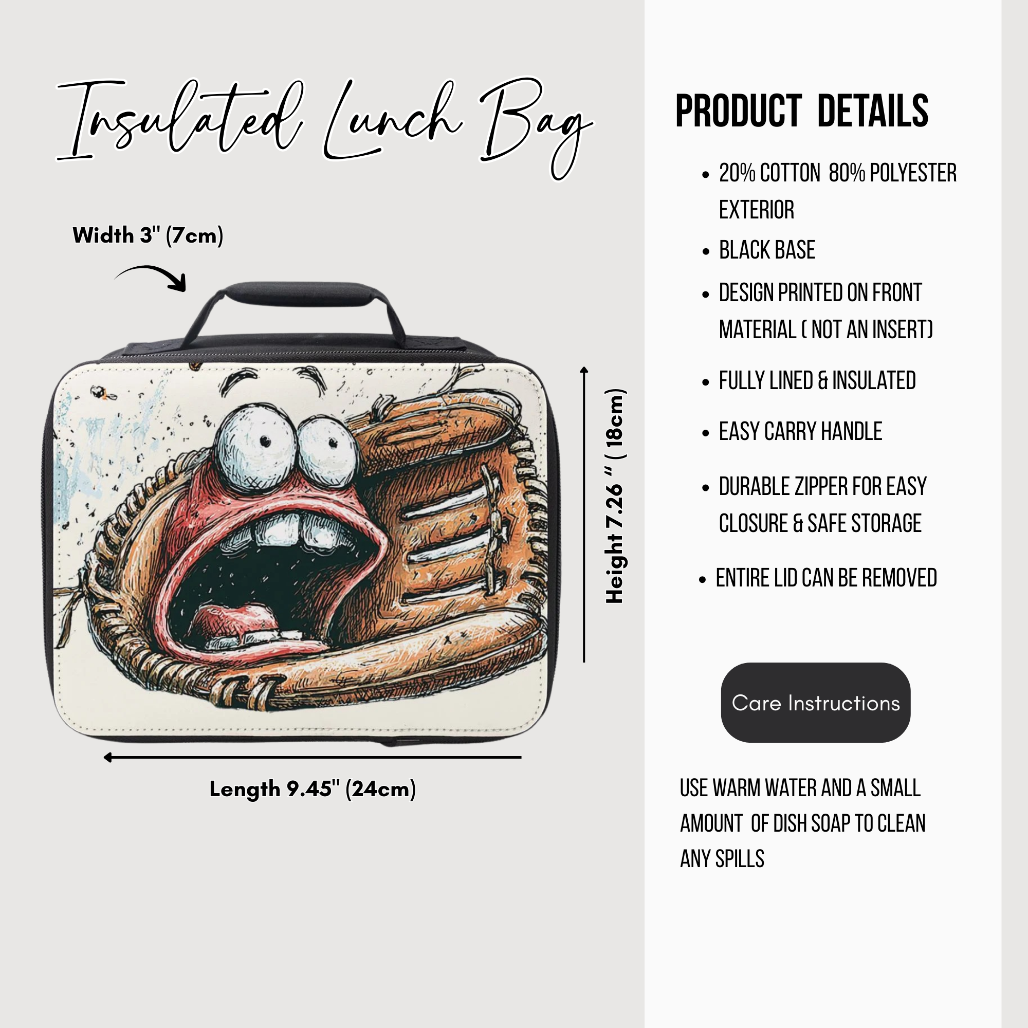 Insulated lunch bag with cartoon design and product details on a white background