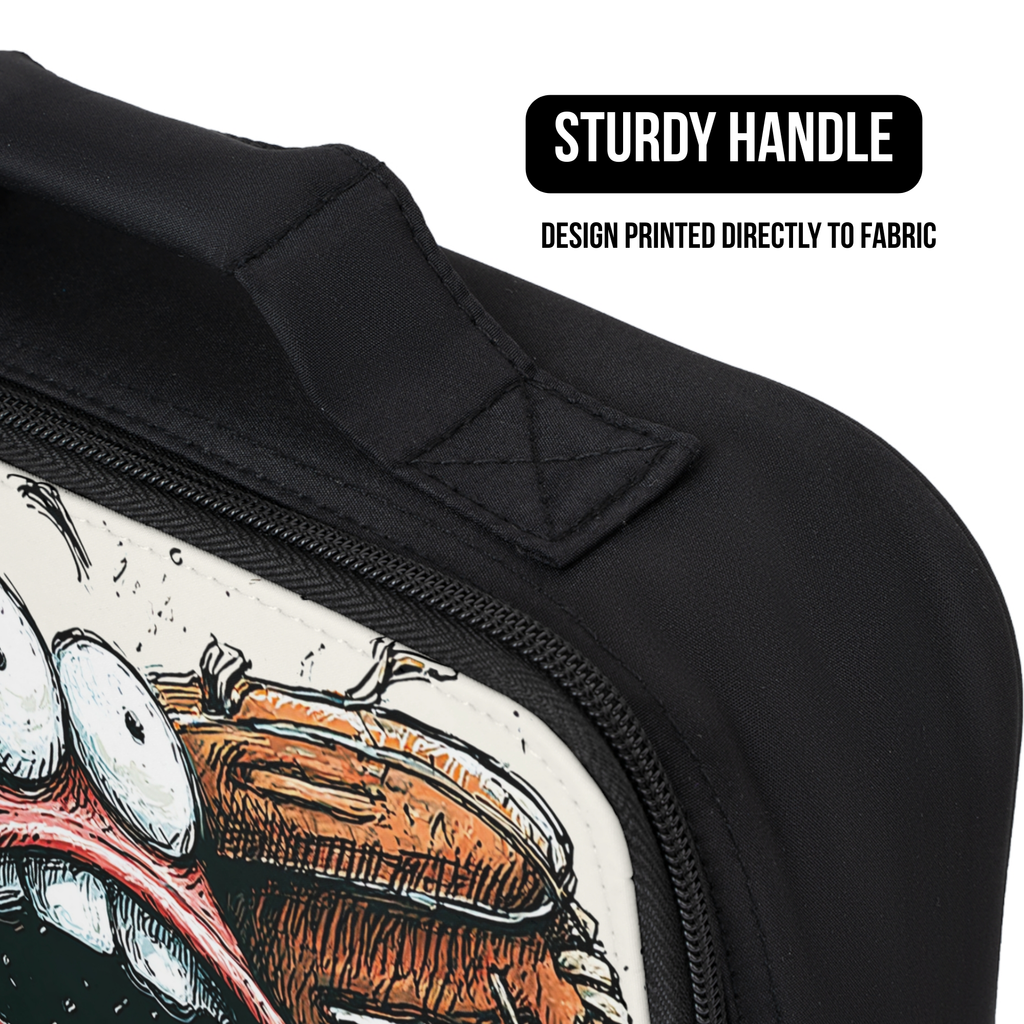 Black lunch bag with a design printed directly to fabric, featuring a sturdy handle.