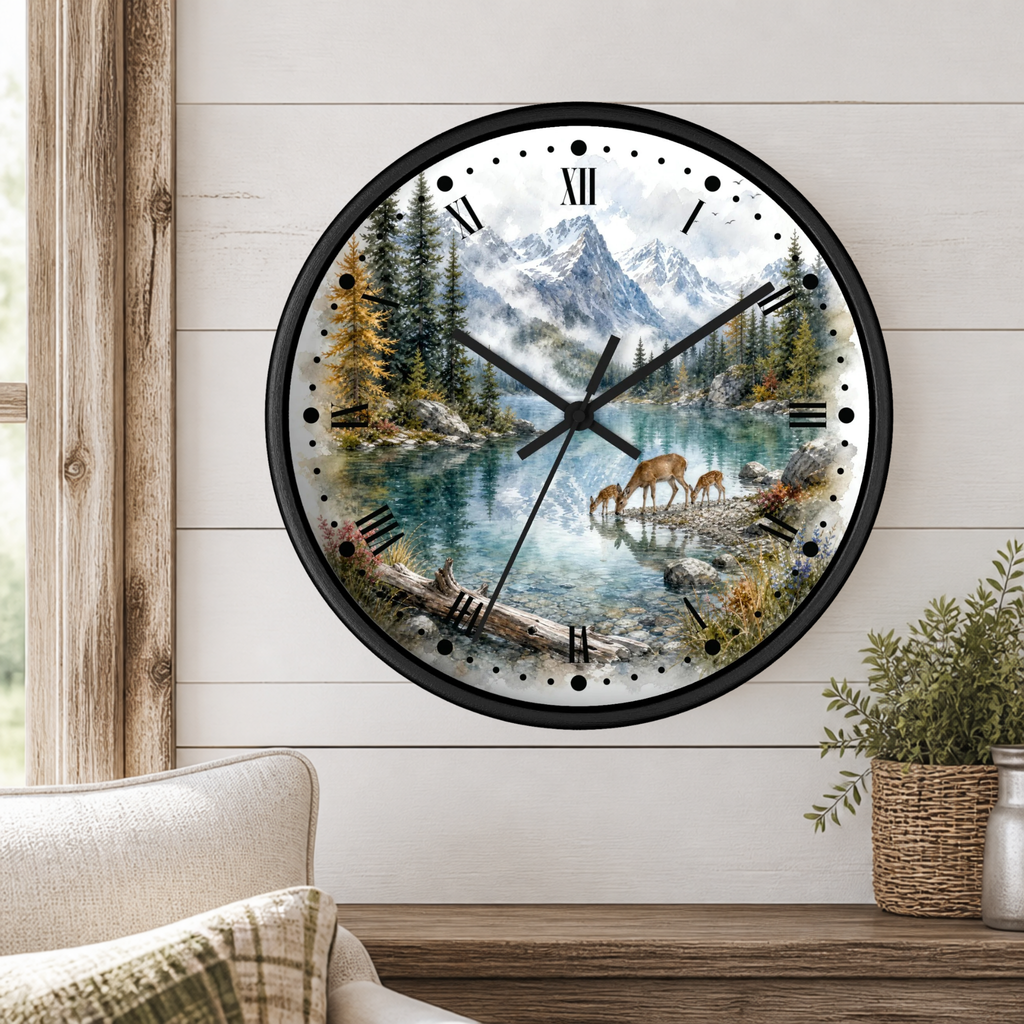 A round wall clock with a black frame and a scenic mountain lake print, mounted on a white wood-paneled wall above a wooden table with a plant and part of a sofa visible.