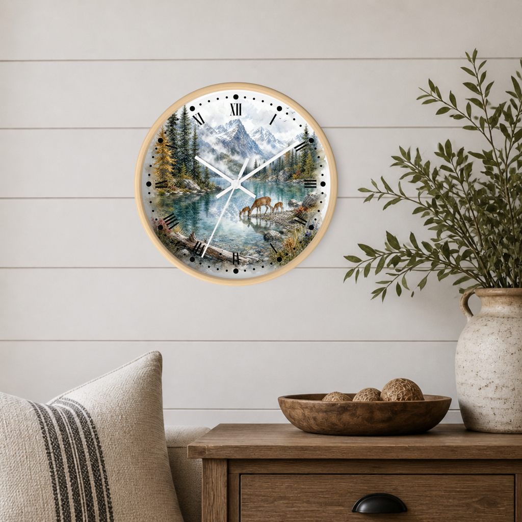 A round wall clock with a light wood frame hangs on a white shiplap wall above a wooden side table. The clock face features a scenic landscape print with mountains, a lake, pine trees, and deer.