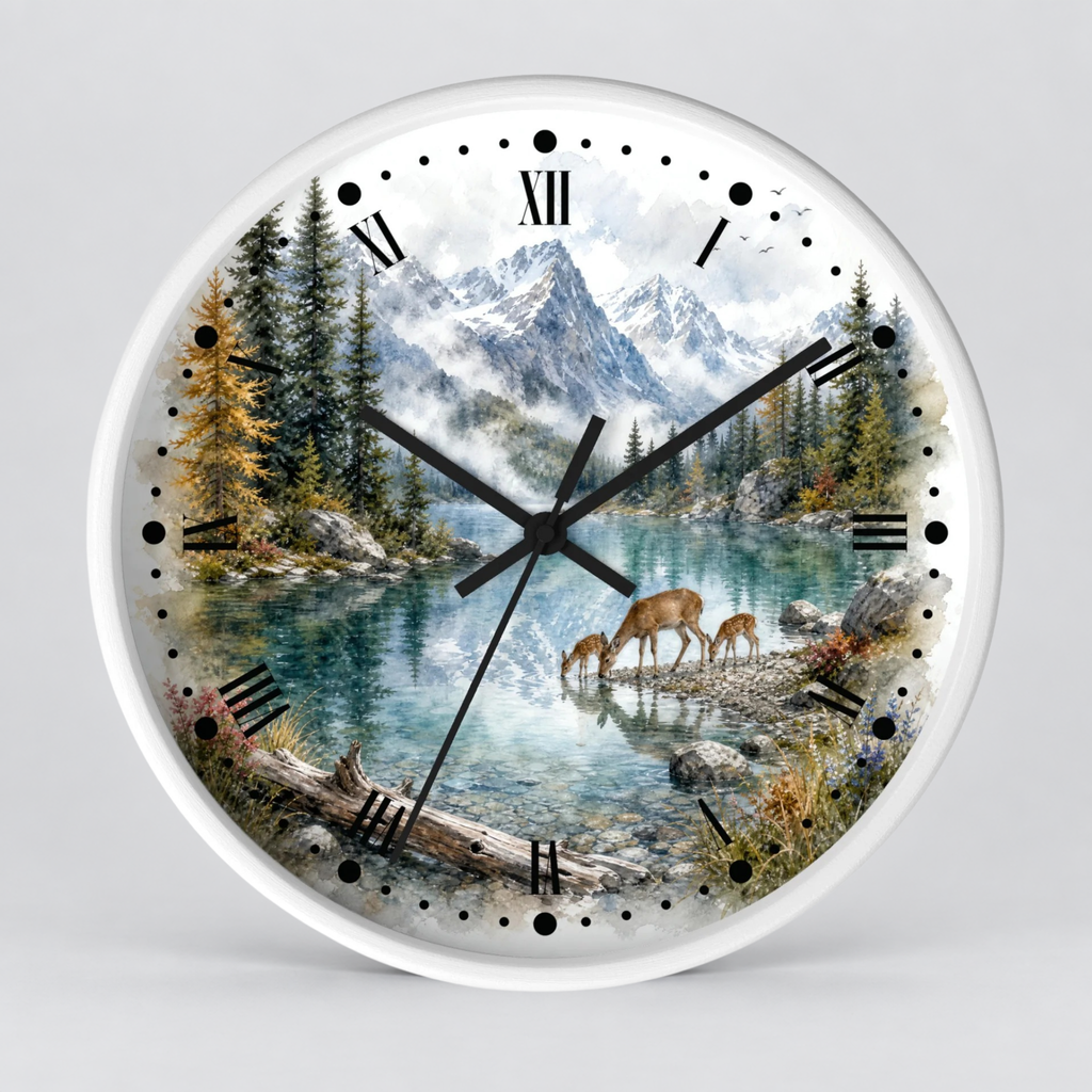 A round wall clock with a white frame and a scenic nature print featuring a mountain lake, evergreen trees, deer, and a log, with black Roman numerals and hands on a light gray background.