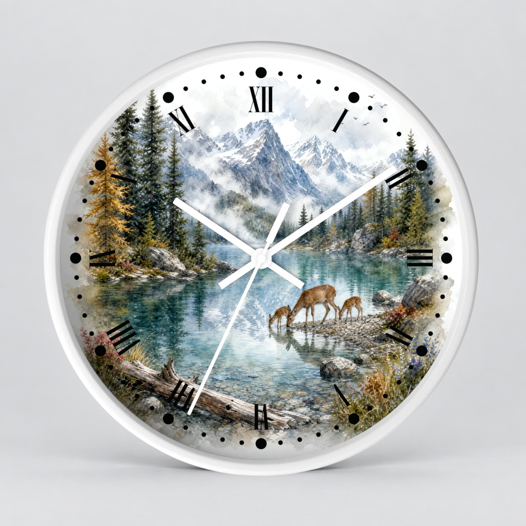 A round wall clock with a white frame and a scenic nature print on the face, showing a mountain lake landscape with pine trees, deer, and Roman numeral hour markers.