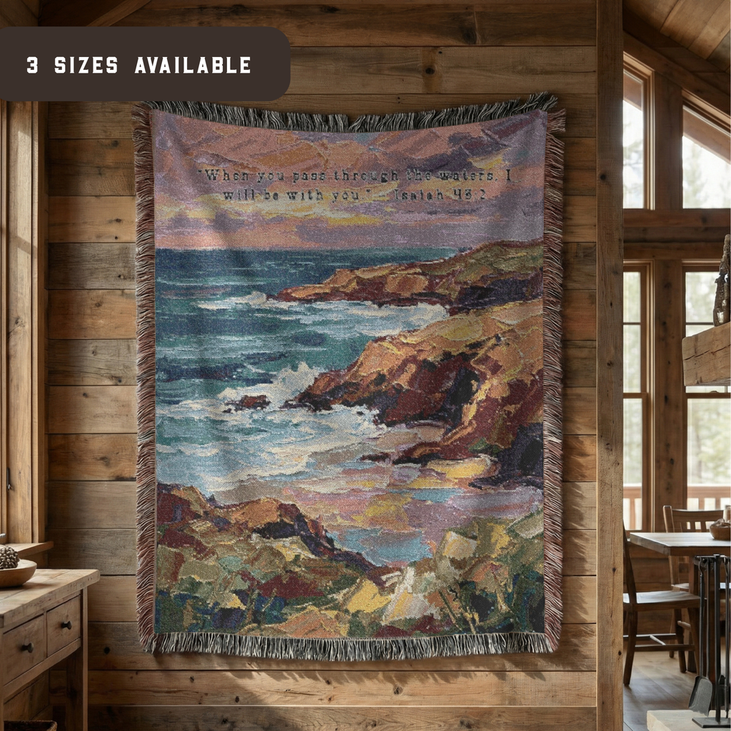 Ocean Cliff Woven Blanket - Scenic Coastal Scripture Throw for Home Decor