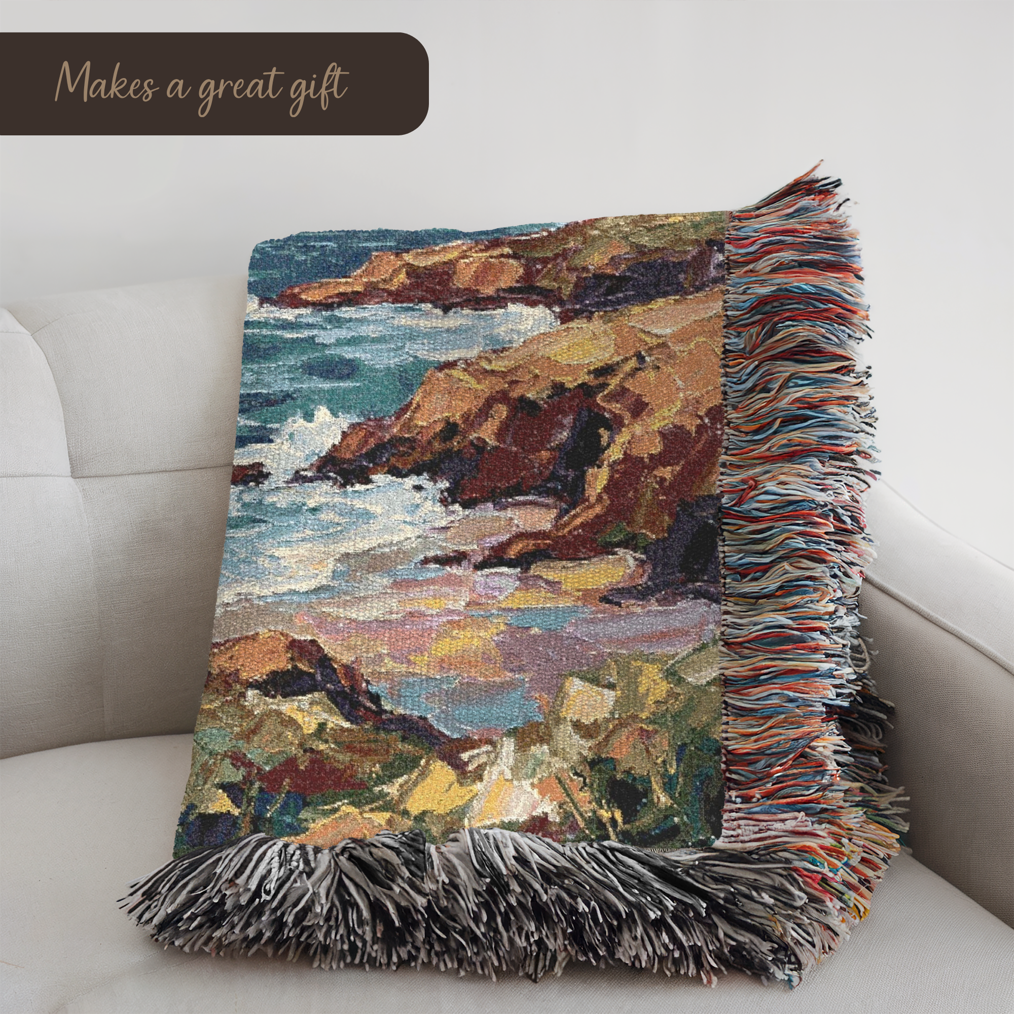 Ocean Cliff Woven Blanket - Scenic Coastal Scripture Throw for Home Decor