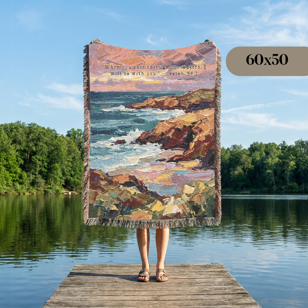 Ocean Cliff Woven Blanket - Scenic Coastal Scripture Throw for Home Decor