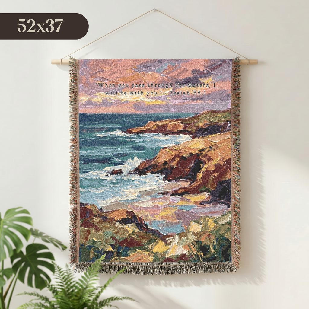 Ocean Cliff Woven Blanket - Scenic Coastal Scripture Throw for Home Decor