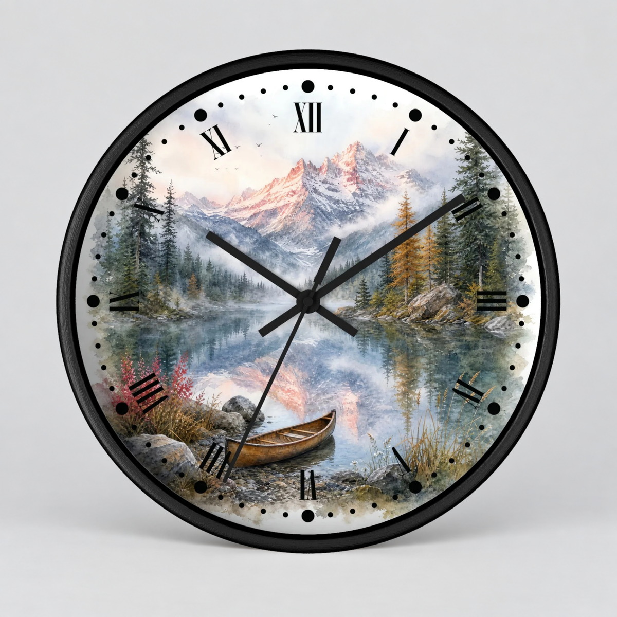Round wall clock with a black frame and a scenic landscape print featuring mountains, a lake, trees, a canoe, and Roman numerals on a light gray background.