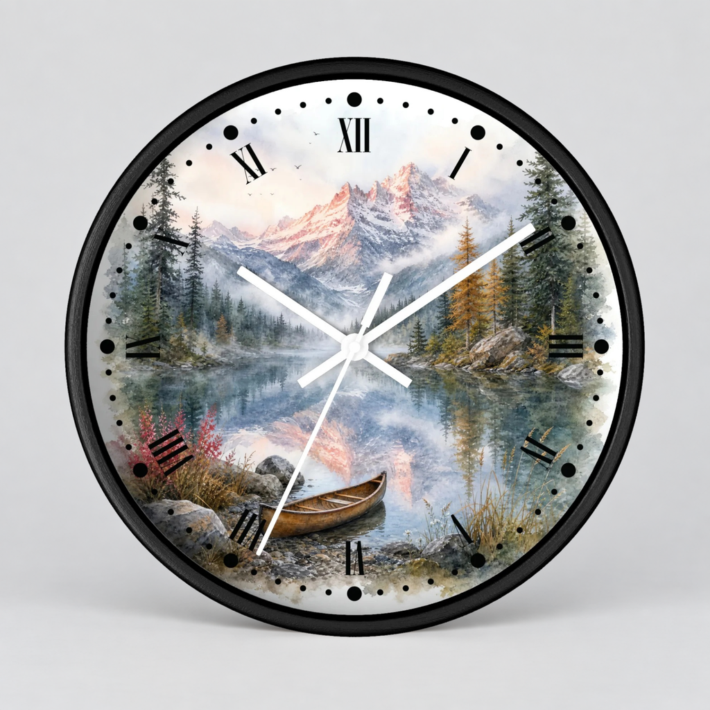 Round wall clock with a black frame and a scenic landscape print featuring mountains, a lake, trees, a canoe, and Roman numerals on a light gray background.