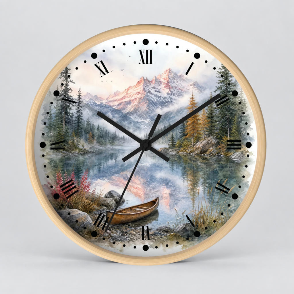 A round wall clock with a light wood frame and a scenic landscape print on the face, featuring mountains, a lake, trees, a small boat, and black Roman numerals with black hands on a light gray background.