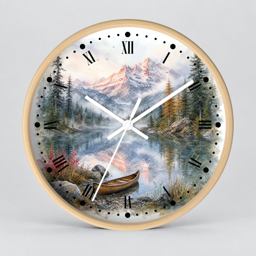 Round wall clock with a light wood frame and a scenic nature print on the dial, featuring a mountain landscape, pine trees, a lake reflection, and a small canoe. Black Roman numerals and white clock hands are visible against a light gray background.