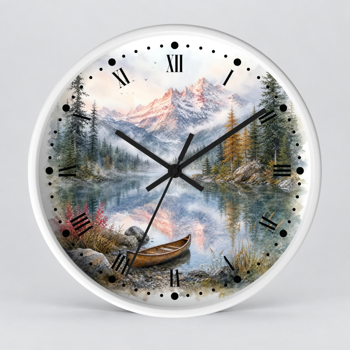 Round wall clock with a scenic mountain lake print, Roman numerals, black hands, and a white outer rim on a light gray background.