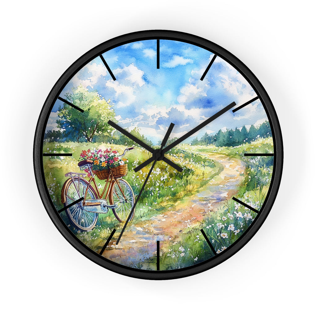 Wall clock with a bicycle and flower basket design on a scenic background