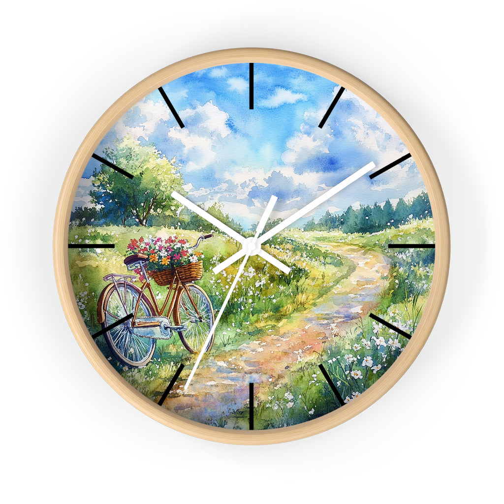 Wall clock with a bicycle and flowers design on a scenic background