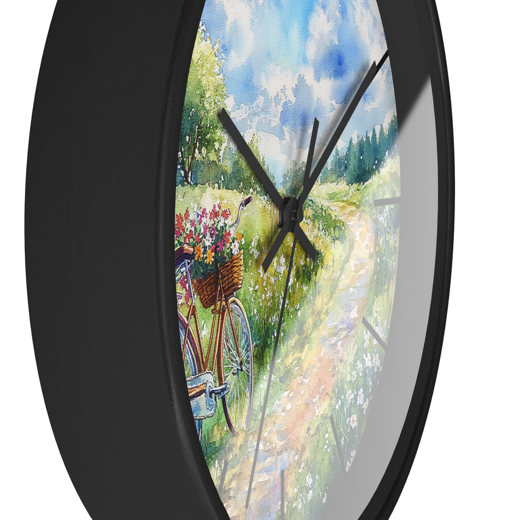 Wall clock with a bicycle and flowers painting on the face