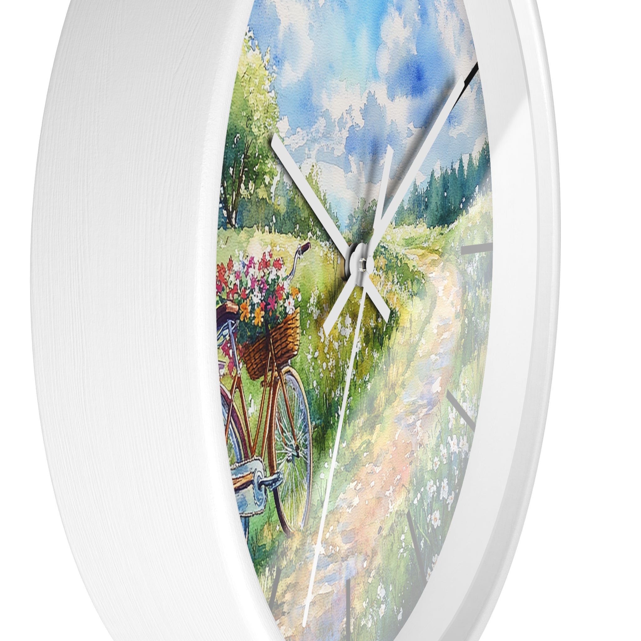 Wall clock with a bicycle and flower basket design on a white background