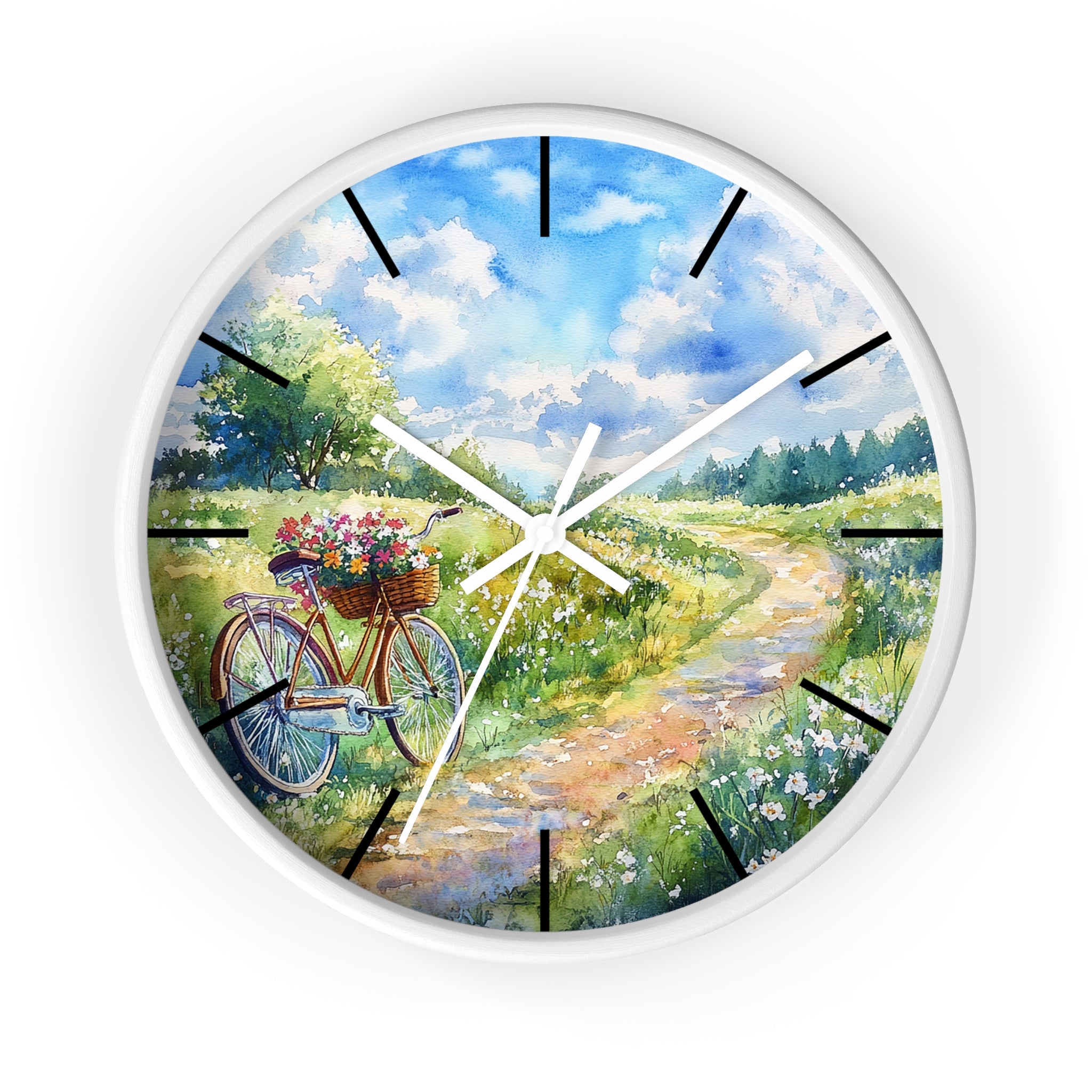 Wall clock with a bicycle and flower basket design on a scenic background