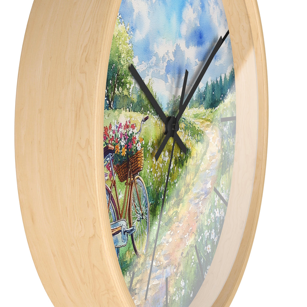 Wall clock with a bicycle and flowers design on a wooden frame