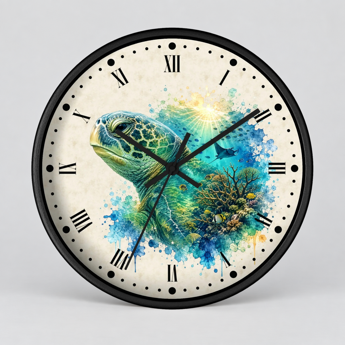 A round wall clock with a black frame and Roman numerals, featuring a colorful watercolor-style illustration of a sea turtle and underwater scene on the clock face, shown against a light gray background.