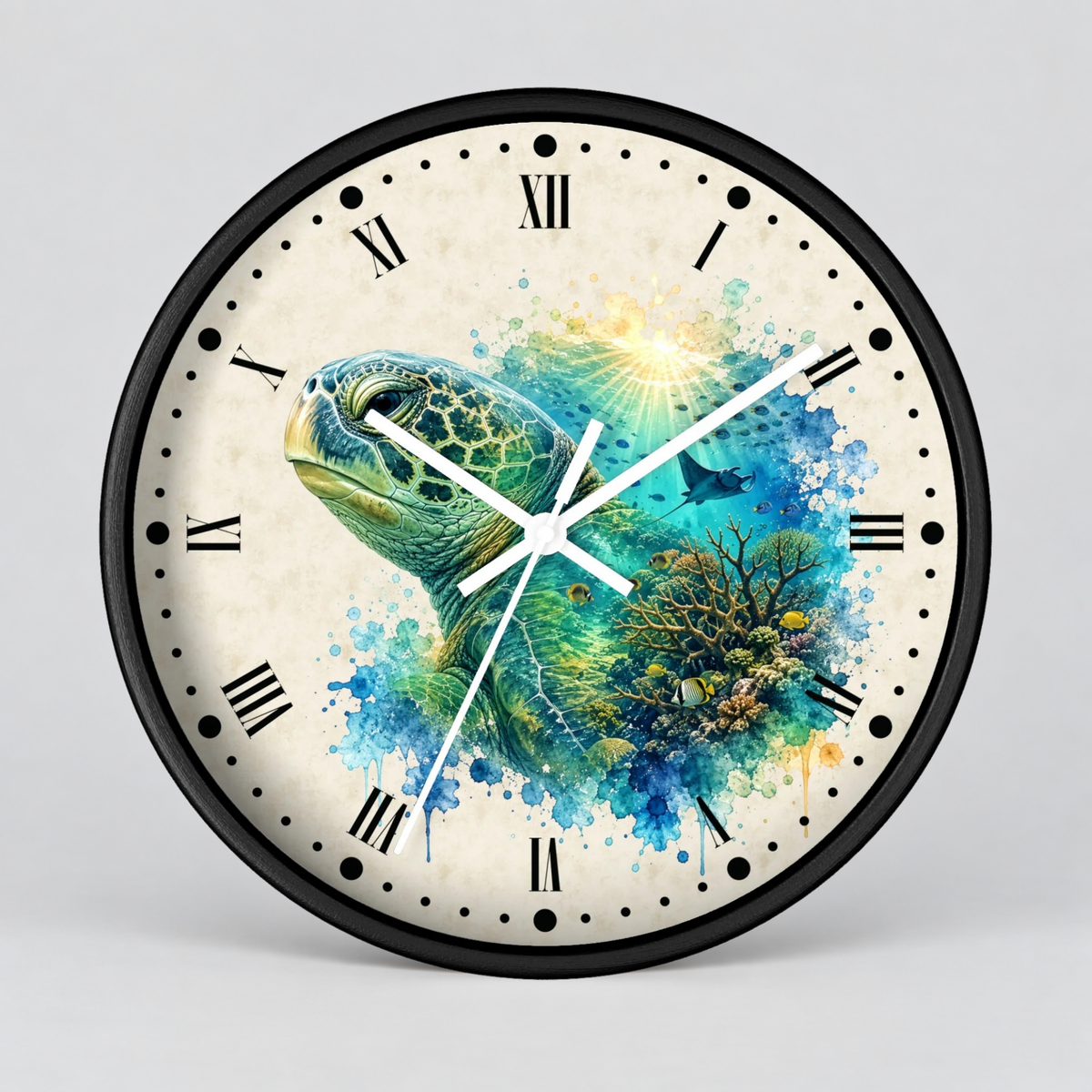 A round wall clock with a black frame and Roman numeral hour markers, featuring a colorful watercolor-style sea turtle and underwater reef illustration on the face, shown against a light gray background.