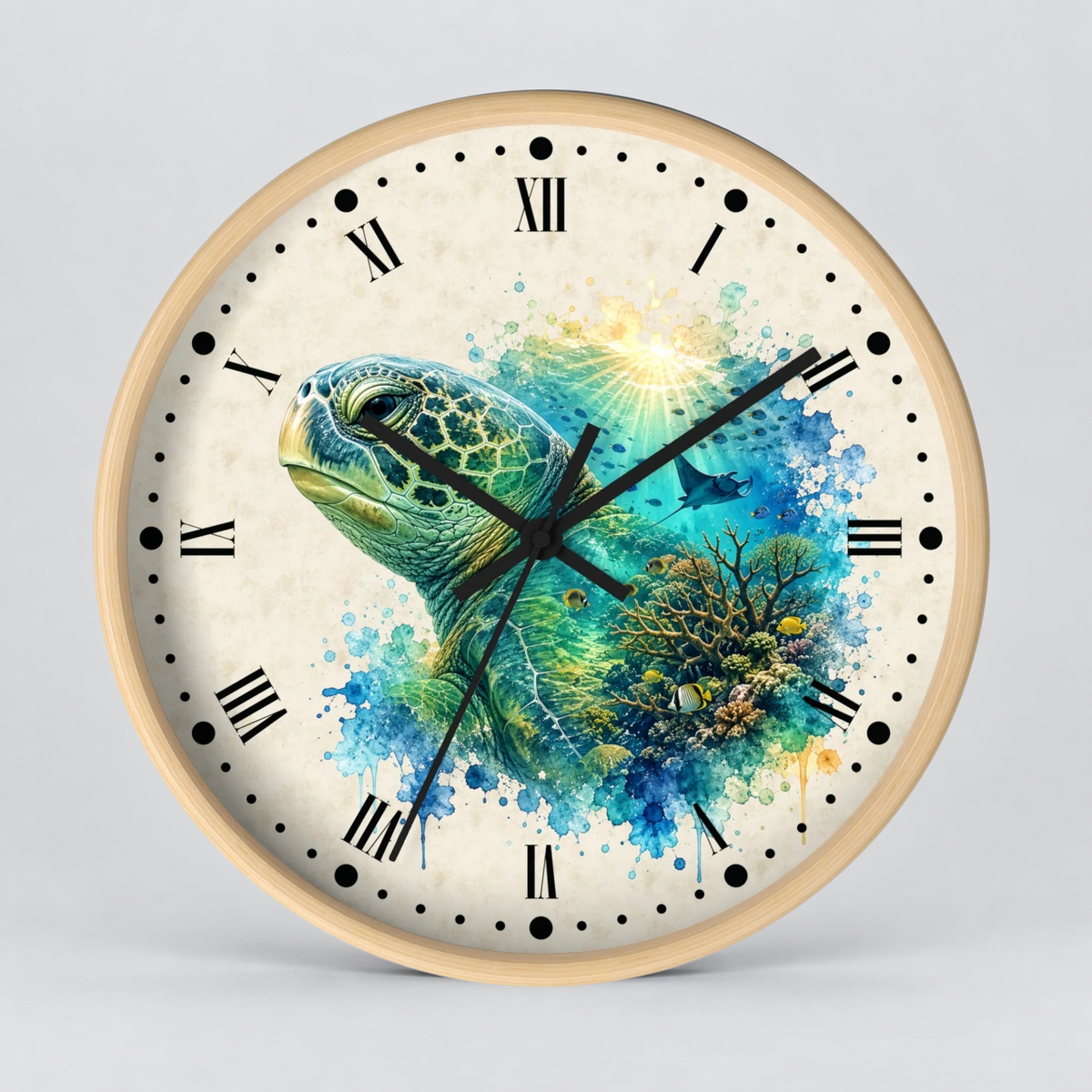 Round wall clock with a light wood frame and a printed turtle design on the face. The clock features black Roman numerals, black hands, and a colorful watercolor-style illustration of a sea turtle in shades of blue, green, and yellow on an off-white background.