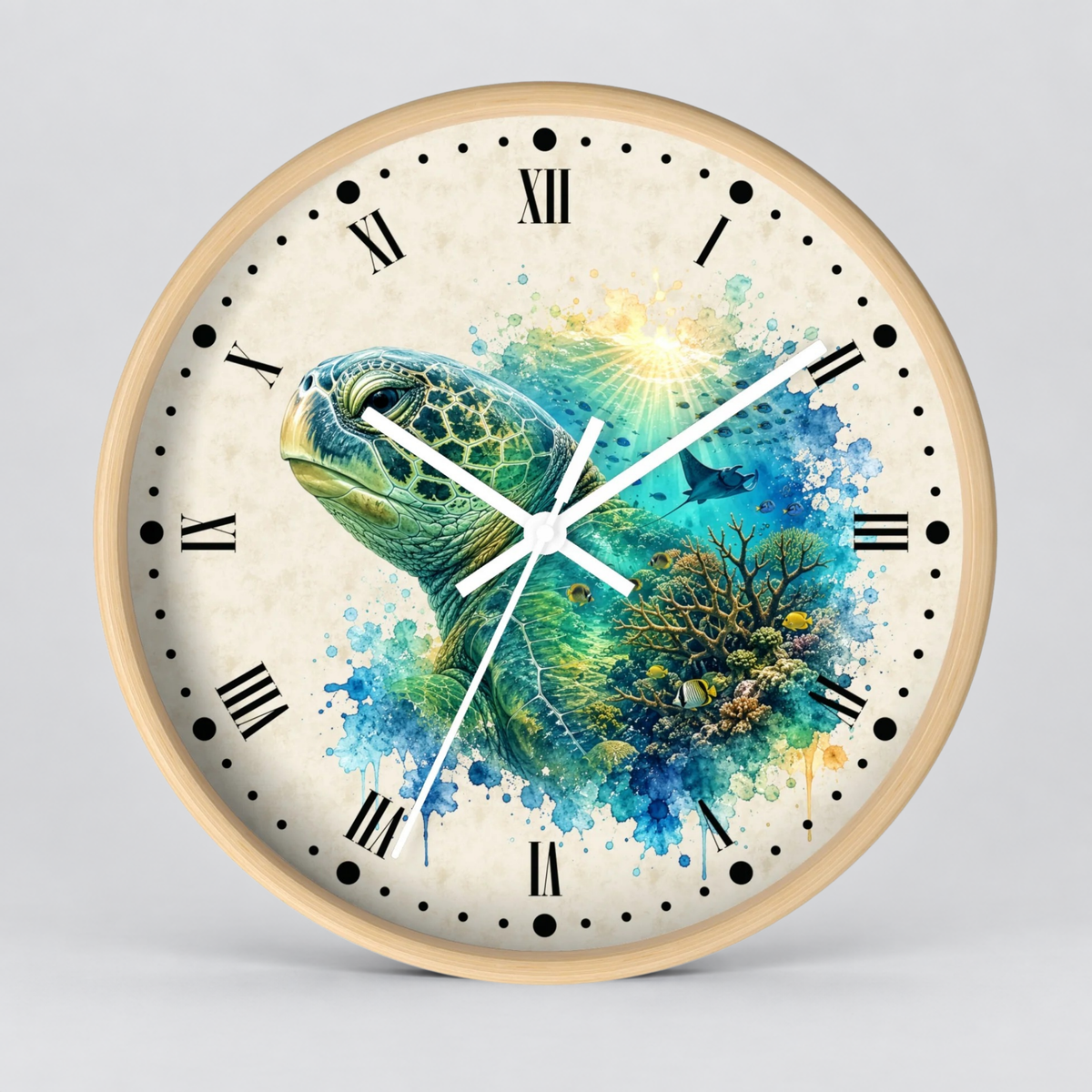 A round wall clock with a light wood frame and a printed ocean-themed dial featuring a sea turtle, blue watercolor splashes, coral reef, and Roman numerals on a light gray background.