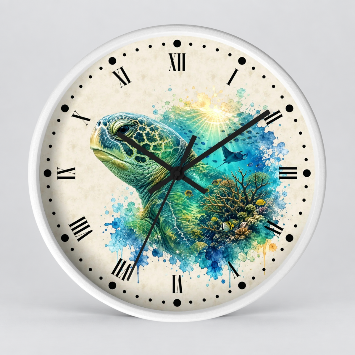 A round wall clock with a white frame and a cream-colored face featuring a colorful sea turtle illustration in blue, green, and yellow tones, with black Roman numerals and hands.