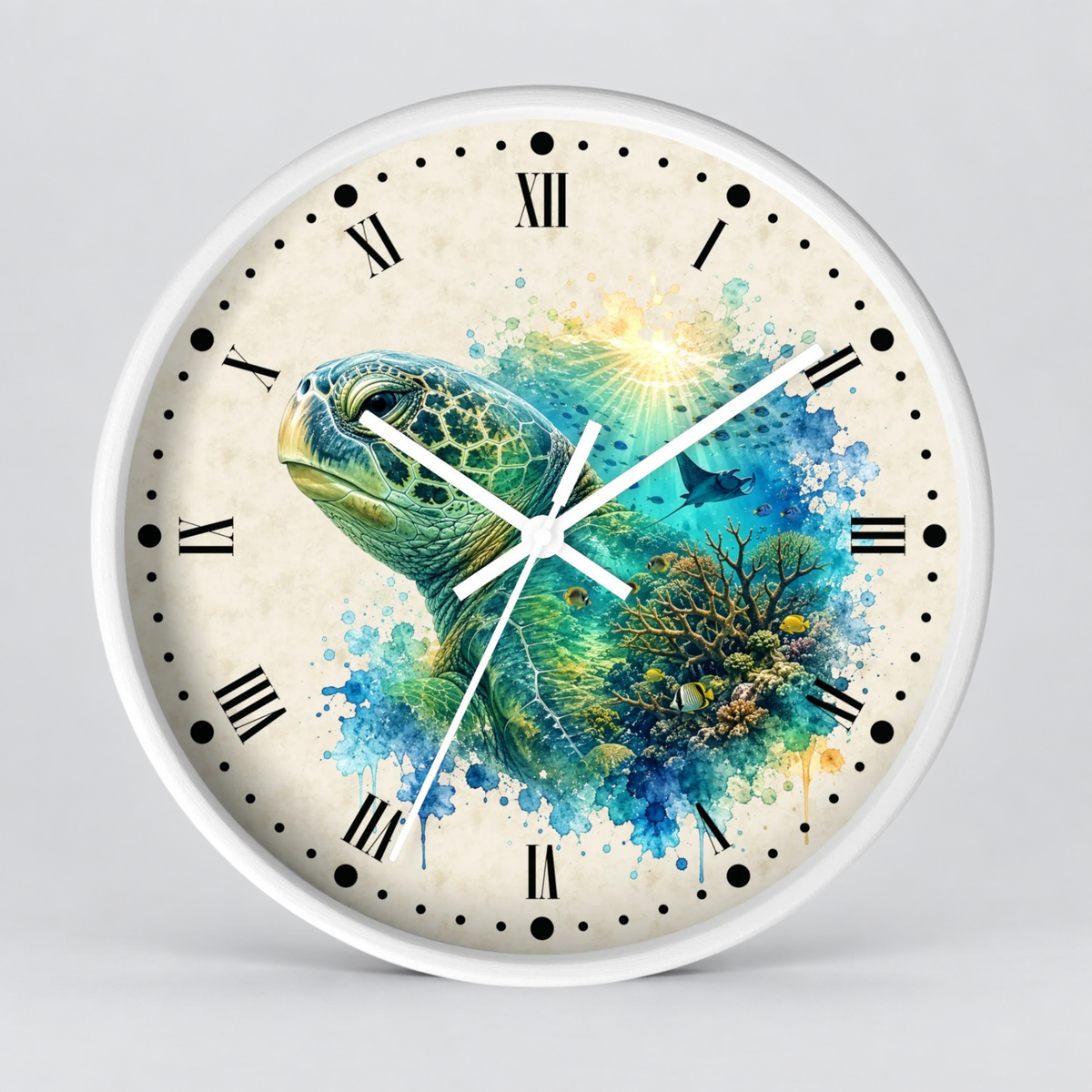 A round wall clock with a white frame and a cream-colored face featuring a colorful sea turtle illustration over blue water and coral, with black Roman numerals and hands.