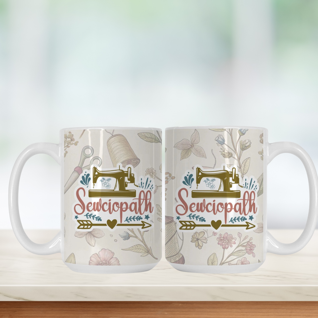 Two mugs with 'Sewciopath' design featuring a sewing machine and floral elements on a white background.