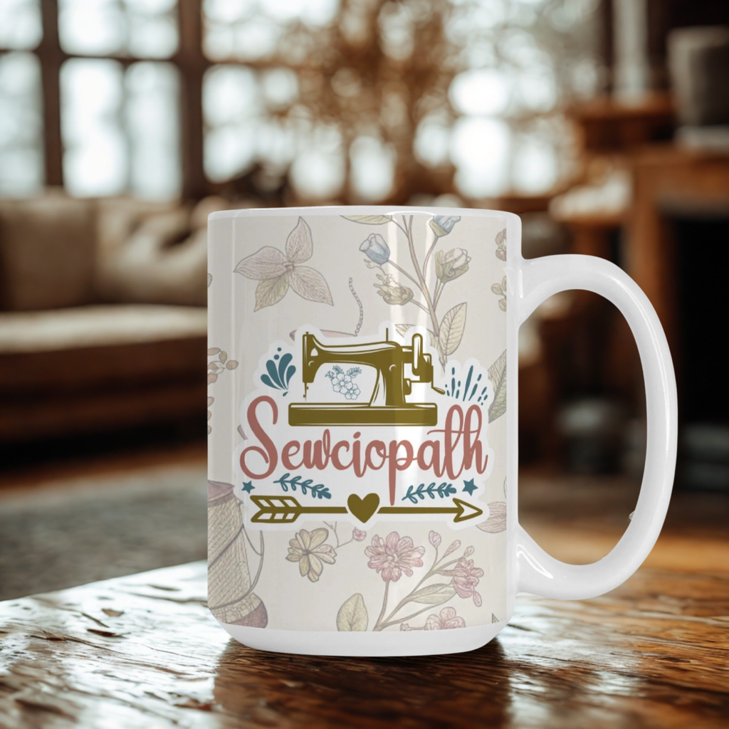 Mug with 'Sewciopath' design on a wooden table with a blurred background