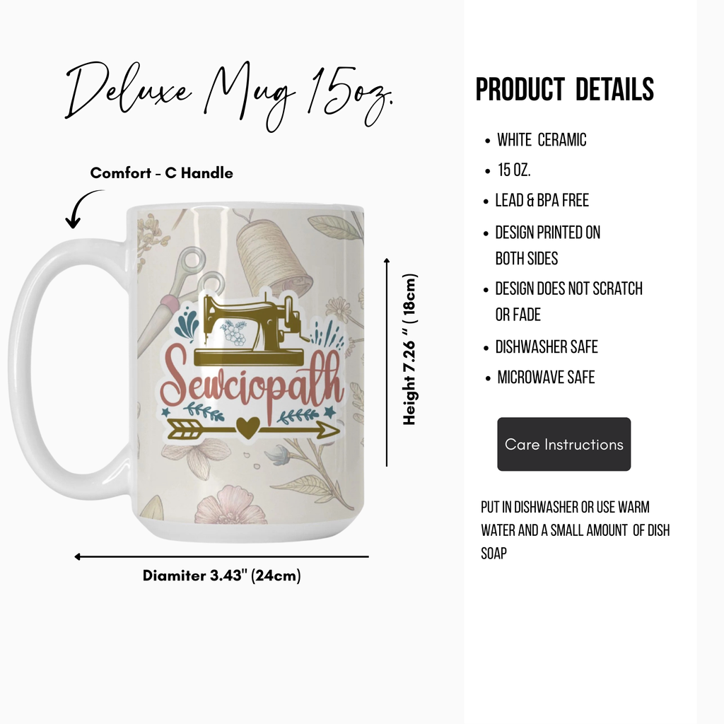 Mug with 'Sewciopath' design and product details on a white background