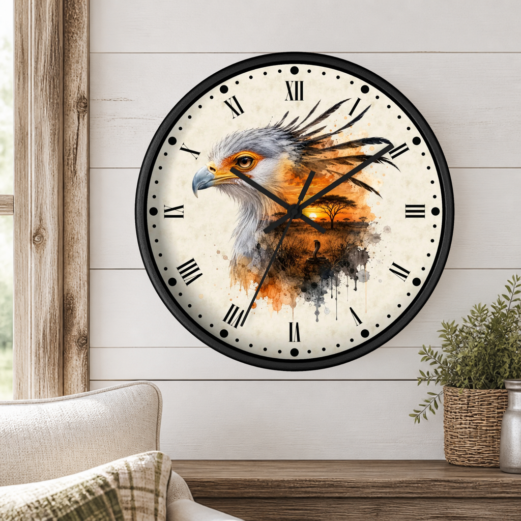 A round wall clock with a black frame and Roman numerals, featuring a stylized eagle illustration in orange, black, and white tones on the face, mounted on a white shiplap wall above a wooden console table with a plant and part of a sofa visible.