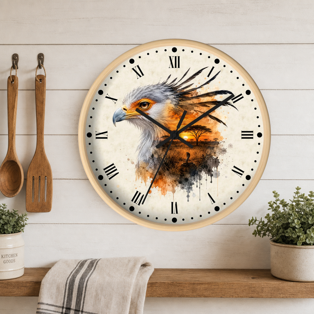 A round wall clock with a light wood frame hangs on a white wood-paneled wall above a wooden shelf. The clock face features a watercolor-style illustration of an eagle's head over an orange and brown sunset landscape.